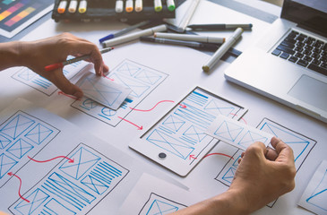 ux Graphic designer creative  sketch planning application process development prototype wireframe for web mobile phone . User experience concept. - obrazy, fototapety, plakaty