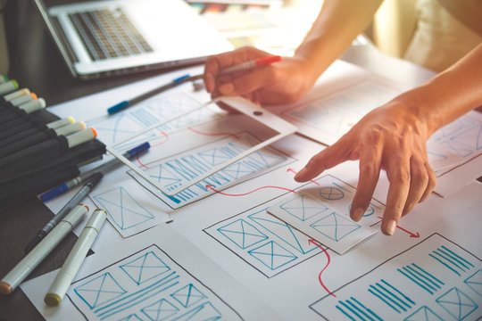 ux Graphic designer creative  sketch planning application process development prototype wireframe for web mobile phone . User experience concept.