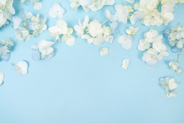 White and Blue Hydrangea Flower Background Floral Flatlay