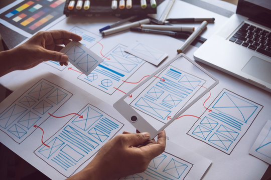 ux Graphic designer creative  sketch planning application process development prototype wireframe for web mobile phone . User experience concept.
