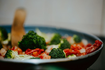 Colourful healthy vegetable meal with broccoli in the cooking pan