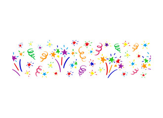 Horizontal Endless colored border with fireworks, stars and serpentine streamers. Template for design, Carnival, kids party, decoration, event. Vector greeting card, promotion, poster, flyer, web.
