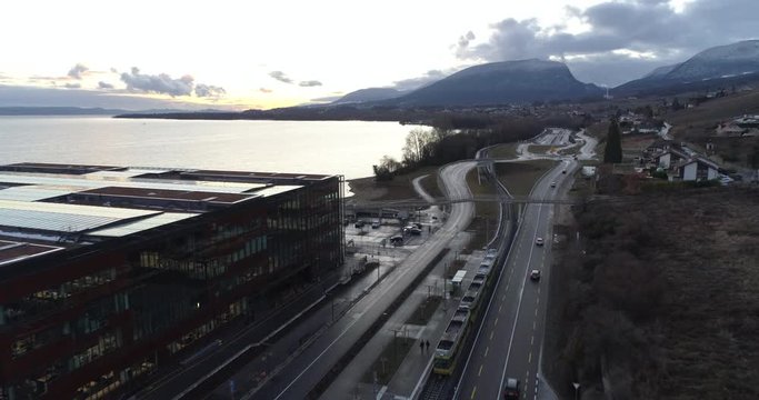 Serrieres tram and industry - Aerial 4K