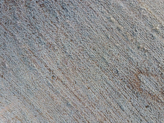 Aerial view of agricultural field covered with hoarfrost on cold winter morning.