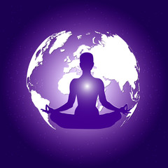 Human body in yoga lotus asana on dark blue space with planet Earth and stars background