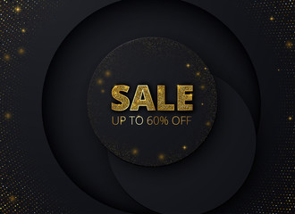 Sale black promo poster with golden multi-layered cut out pattern.