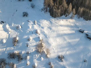 Aerial view of snow covered fields with bushes in Switzerland. Alpine area with lots of snow and beautiful shadows in evening light.