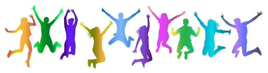 Jumping people (crowd) silhouette colorful gradient, set. Vector illustration.