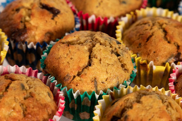 Banana chocolate chip muffins, with shallow depth of field.