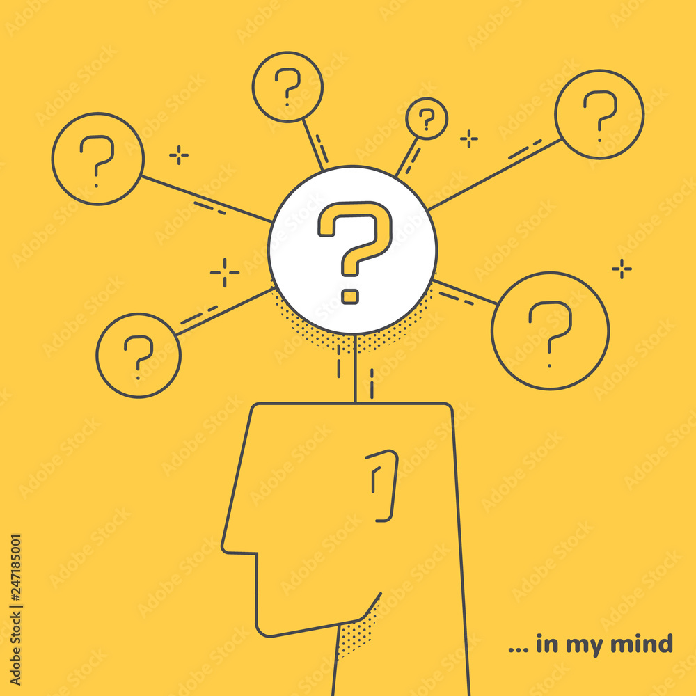Poster vector linear image on yellow background, human head and question marks