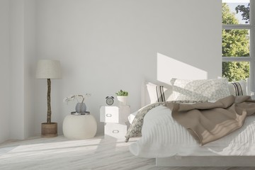 White stylish minimalist bedroom. Scandinavian interior design. 3D illustration