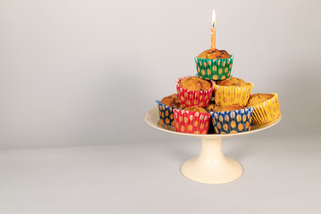Banana chocolate chip muffins on cake plate, white background, with shallow depth of field and copy space.