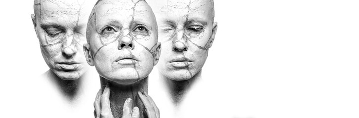 Stages of acceptance. Three woman faces with clay on face, black and white, copy space