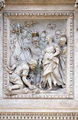 The maiden (virgo) showing Agrippa the spring at the Trevi Fountain in Rome. Fontana di Trevi is one of the most famous landmark in Rome, Italy 