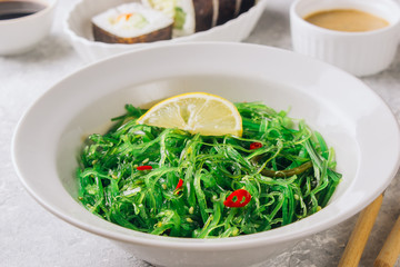 Hiyashi Wakame Chuka or seaweed salad in bowl