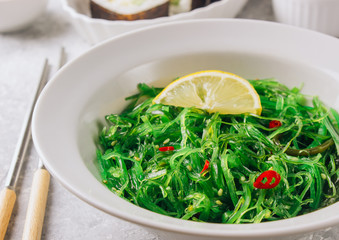 Hiyashi Wakame Chuka or seaweed salad in bowl