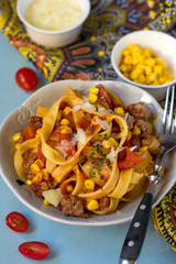 Pasta Tagliatelle with ground beef, tomato and sweetcorn