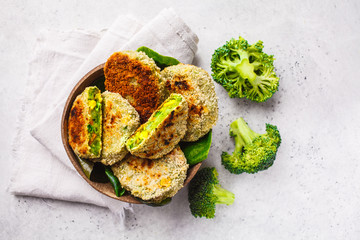 broccoli, vegan, cutlet, green, burger, Green broccoli burgers in coconut shell dish on white...