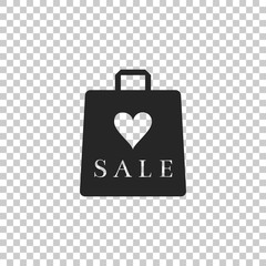 Shopping bag shop love like heart symbol with an inscription sale icon isolated on transparent background. Flat design. Vector Illustration