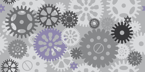 Seamless pattern of gears on grey background, gears grey and lilac