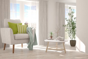 Idea of white stylish minimalist room with armchair and summer landscape in window. Scandinavian interior design. 3D illustration