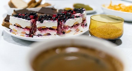 Slice of fruit cake with blueberry and currant, coffee in foreground