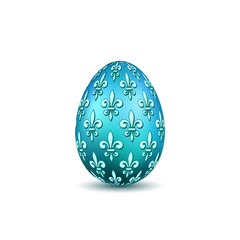 Easter egg 3D icon. Color egg, isolated white background. Flower fleur de lis design, decoration for Happy Easter celebration. Royal lily element. Holiday pattern. Spring symbol. Vector illustration