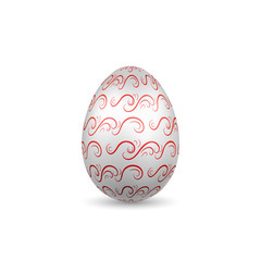 Easter egg 3D icon. Ornate silver egg, isolated white background. Swirl red wave realistic design, decoration Happy Easter celebration. Holiday ornamental element. Spring pattern. Vector illustration