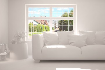 White room with sofa and green landscape in window. Scandinavian interior design. 3D illustration