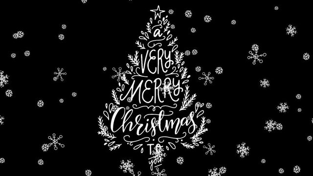 A Very Merry Christmas To You Hand Written Lettering In Holiday Tree With Animated Falling Snowflakes. Greeting On Transparent Background For Animated  Holiday Ecard, Winter Mood. Video Alpha Channel