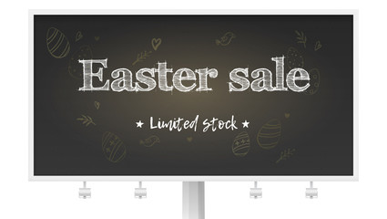 Easter sale limited stock. Billboard with holiday ad on chalk blackboard. Handwritten text on background of pattern in doodle style Blackboard with drawing for holidays sale actions, 3d illustration