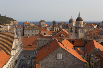 DUBROVNIK, CROATIA - AUGUST 22 2017: Dubrovnik cityscape at sunset time, faceing the sea