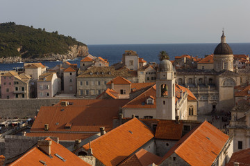 DUBROVNIK, CROATIA - AUGUST 22 2017: Dubrovnik cityscape at sunset time, faceing the sea
