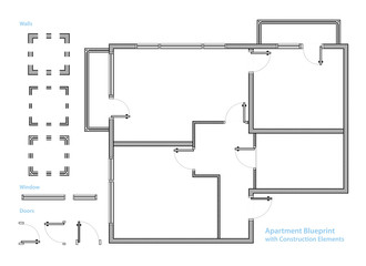Floor Plan. Apartment Blueprint with Construction Elements. House Project. Vector Illustration - obrazy, fototapety, plakaty