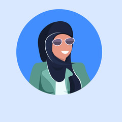arab woman face avatar happy arabic girl wearing hijab and sunglasses muslim female cartoon character portrait flat blue background