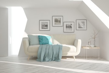 White stylish minimalist room with sofa. Scandinavian interior design. 3D illustration