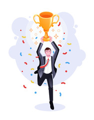 Happy smiling businessman office worker winner character holding golden cup and celebrating victory. Success business concept. Vector flat cartoon graphic design isolated illustration