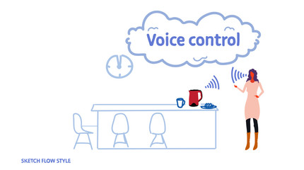 home automatic kettle controlled by woman smart tech teapot recognizes commands voice control concept modern kitchen interior sketch flow style horizontal