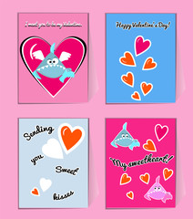 Blue and pink Sharks with hearts. Cute Valentine greeting card with wishes. You my Valentin vector illustration.