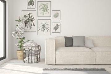 White stylish minimalist room with sofa. Scandinavian interior design. 3D illustration