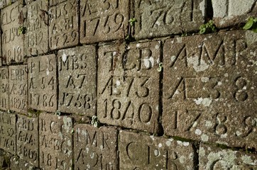 St John's Church, Jersey, U.K. People could only a stone with their initials carved upon, which have been installed into the churches boundary wall which otherwise would have been lost.