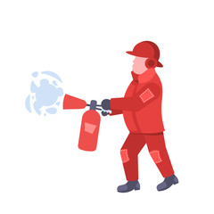 fireman holding extinguisher wearing red uniform and helmet man fire fighter professional worker occupation male cartoon character full length flat isolated