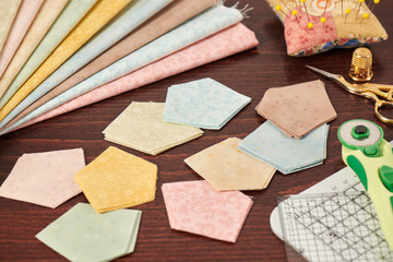 Pentagonal pieces of fabrics for sewing quilt, traditional patchwork, sewing and quilting...