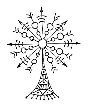 The tree of life. Symbolic black and white hand drawing. Pixel graphics.