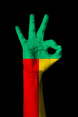 Hand making Ok sign, Benin flag painted as symbol of best quality, positivity and success -...