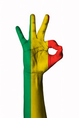 Hand making Ok sign, Bolivia flag painted as symbol of best quality, positivity and success - isolated on white background