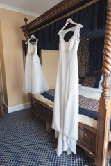 Wedding dress hanging up before the ceremony