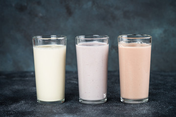 Protein cocktails in glasses, sport nutrition. 