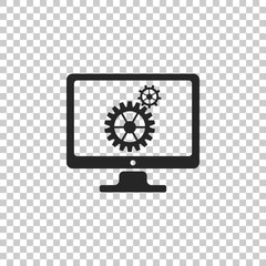 Monitor and gears icon isolated on transparent background. Monitor service concept. Adjusting app, setting options, maintenance, repair, fixing monitor concepts. Flat design. Vector Illustration