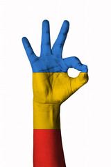 Hand making Ok sign, Chad flag painted as symbol of best quality, positivity and success - isolated on white background